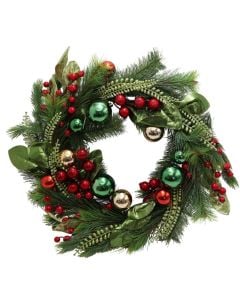 Decorative wreath, PE, green with red, 50 cm