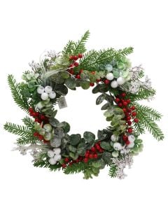 Decorative wreath, PE, green, white, red, 50 cm