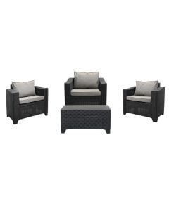 Set ndenje Grand, 3 kolltuk tek me shilte + 1 tavolinë mesi, ratan plastik, gri, teku 56x64xH89 cm / tavolina 48x85xH42 cm