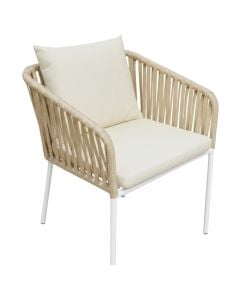 Outdoor chair, metal, white structure, white slats, beige weave, 59.5x59xH77 cm