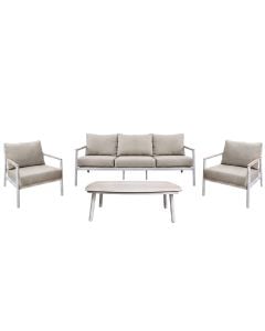 Aluminum set for outdoor use, cream-colored structure, light gray slats, 2 single armchairs + 1 3-seater sofa + 1 table, single armchair 66x80xH73 cm, sofa 202x80xH73 cm, table 100x60xH34 cm
