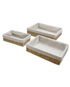 Set me shporta buke (3 copë), metalike/kashtë/pambuk, natyrale/e bardhë, 35x25x9 / 30x20x8 / 27x17x7 cm