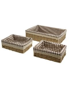 Set me shporta buke (3 copë), metalike/kashtë/pambuk, natyrale/kafe, 25x35x10 / 21x14x8 cm