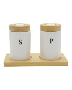 Set me mbajtëse kripe dhe piperi, qeramikë/bambu, e bardhë/natyrale, 15x7.5x9.5 cm