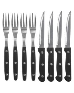 Steak knife and fork set (Pck 8), stainless steel, black, 18.8 & 21 cm