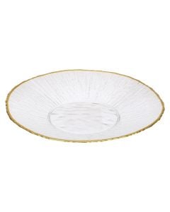 Pjatë ëmbëlsire, qelqi, transparente me konturnë floriri, Dia. 21 x H 2.7 cm