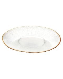 Pjatë servirje, qelqi, transparente me konturnë floriri, Dia. 28 x H 2.5 cm