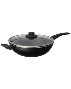 Roma Alu-Cook Wok pan with induction base and lid, aluminium, black/transparent, Dia. 28 x H 8.2 cm