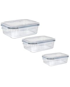 Set me tasa hermetik me kapak (PK3) ItalCasa, qelqi/PP, transparente/blu, 400ml / 630ml / 1.480ml