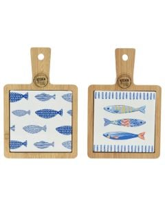 Dërrasë prerëse me dorezë Sea, porcelan/bambu, blu/natyrale, 18x12x1 cm