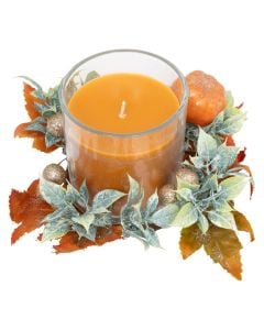 Decorative candle with Christmas motifs, orange color with leaves, D. 8 x H. 9 cm