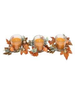 Decorative candle with Christmas motifs, orange color with leaves, D. 5.5 x H. 6.5 cm