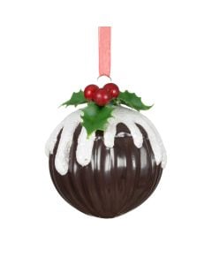 Decorative sphere, glass, purple color with snow and berries, D8 cm