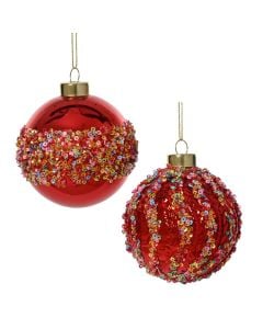 Decorative sphere, glass, red color with glitter, D8 cm