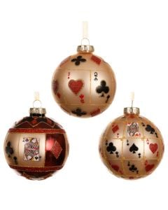 Decorative sphere, glass, red color, gold with Poker decor, D8 cm