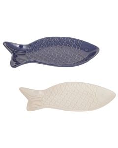 Oceania fish-shaped plate, stoneware, white/blue, 30.7x16.3x2.9 cm