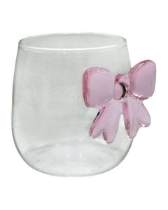 Gotë uji/lëngjesh me detaj fjongo, qelq, transparente/rozë, 350 ml / Dia. 7.5 x H 9.5 cm