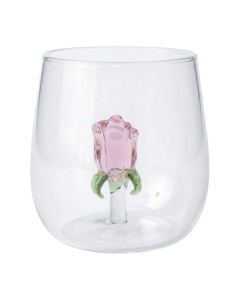 Gotë uji/lëngjesh me detaj trëndafili, qelq, transparente/rozë, 350 ml / Dia. 7.5 x H 9.5 cm