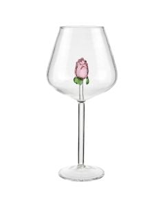 Wine glass with rose detail, glass, transparent/pink, 450 ml / Dia. 4.8 x H 24.4 cm