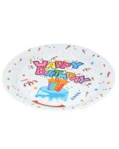 Pjatë për ditëlindje, "Happy birthday", karton, 23 cm, bardhë, 6 copë, 1 pako