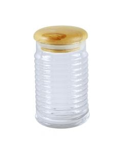 Jar with wooden lid  1120cc, Size:  D16.1x9.4cm, Color: Clear, Material: Glass