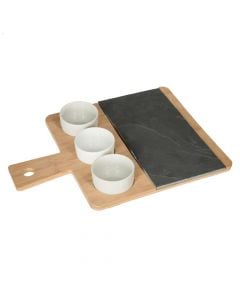 Tabaka servirje me 3 tasa, bambu+qeramike, zezë/e bardhë/natyrale, 36x26.5 cm, Bowl: Ø7 cm