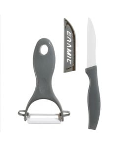 Knife + peeler, ceramic, grey, knife: 17.5 cm; peeler: 8x13 cm