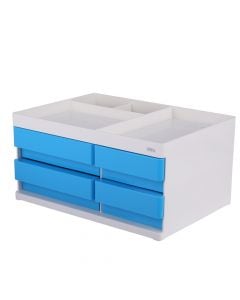 Document holder with 4 drawers with 3 places for accessory holder, 13.1X18.9X26.4cm, plastic, white, blue