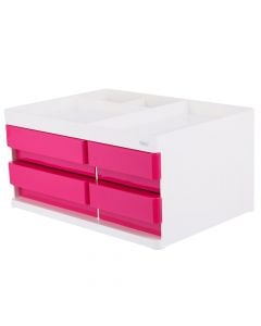Document holder with 4 drawers with 3 places for accessory holder, 13.1X18.9X26.4cm, plastic, white, rose