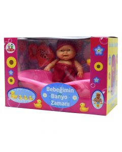 Set bebe kukull me vaskë dhe aksesorë, për fëmijë, Best Toys, plastikë, 17x34x23 cm, rozë dhe e kaltër, 5 copë