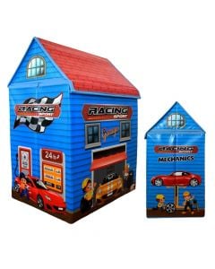 Foldable toy chest, in a house-shaped design, Garage, cardboard, fabric and PVC, 34x44x65 cm, red and blue, 1 piece