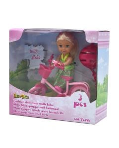 Mini doll with bicycle set for kids, Eddy Toys, plastic, 9 cm, pink, 1 piece
