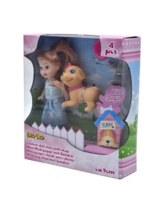Set lodër për fëmijë, kukull e vogël me qenush, My Pets, Eddy Toys, plastikë, 9 cm, rozë, 1 copë