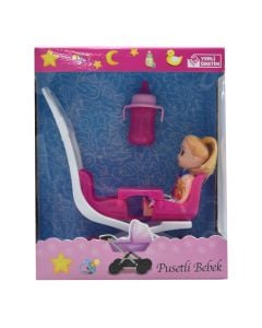 Set kukull bebe me karrocë, plastikë, 18 cm, rozë, 1 copë