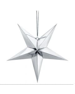 Paper star, five point, mirror paper, silver, 70 cm, 1 piece