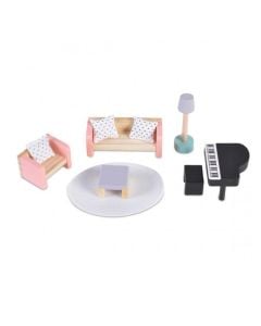 Set aksesore per dhome ndenje, per shtepiu kukullash,  druri, pastel