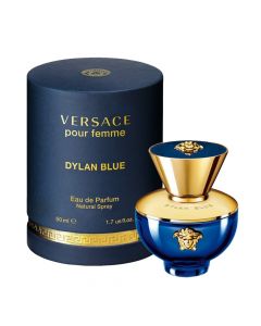 Eau de parfum (EDP) për femra, Dylan Blue, Versace, qelq, 50 ml, blu dhe gold, 1 copë