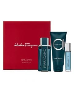 Eau de toilette (EDT) and shower gel set for men, Intense Leather, Salvatore Ferragamo, glass and plastic, 100+100+10 ml, red and teal blue, 3 pieces