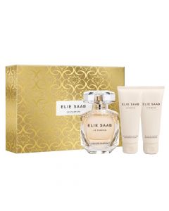 Eau de parfum (EDP), shower gel and body lotion set for women, Le Parfum, Elie Saab, glass and plastic, 75+75+90 ml, cream and gold, 3 pieces