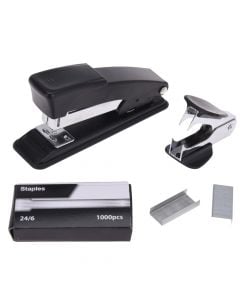 Stapler, remover and staples set, plastic and metal, 11x3x4.5 cm, black, 3 pieces