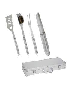 Set of cooking accessories for barbecue, BBQ, stainless steel, silver, 4 pieces