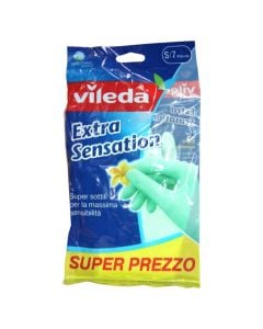 Cleaning gloves, vileda, s/7, latex, green, 1 pair