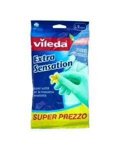 Cleaning gloves, vileda, L/9, latex, green, 1 pair