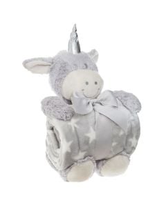 Children's blanket and unicorn bear, cotton and polyester, gray, 75x95 cm, 1 piece