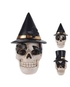 Decorative skull, halloween, polystone, 10x14cm, white/black, 1 piece