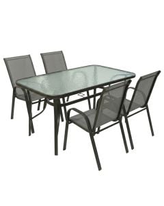 Set tavoline + 4 karrige, metal+xham, e zeze, tavolina 140x80x70cm, karrige 54x76x92cm