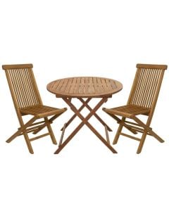 Set tavoline + 2 karrige, materiali dru tropikal, ngjyra natyrale, tavoloina D90xH75cm, karrige 63x66x100cm