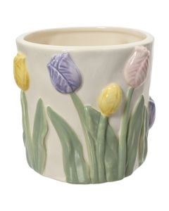 Vazo rrethore me figura tulipani, materiali dolomit,L.10.8cm x W.10.6cm x H.10cm