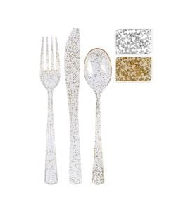 Cutlery set, plastic, with glitter, 18 pieces, transparent-gold