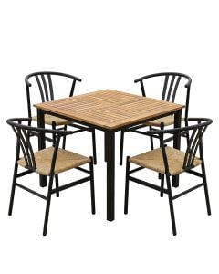 Table + chair set, tropical wood + metal, chairs 51x53xH74 cm, table 90x90xH75 cm